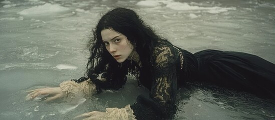 Ethereal Woman in Black Lace Dress Submerged in Icy Water