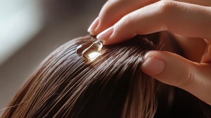 Close-up of Hand Applying Hair Serum to Brown Hair