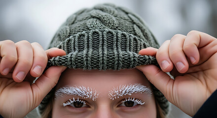 Close up of person's face with frost on eyelashes and eyebrows wearing a warm knitted winter hat