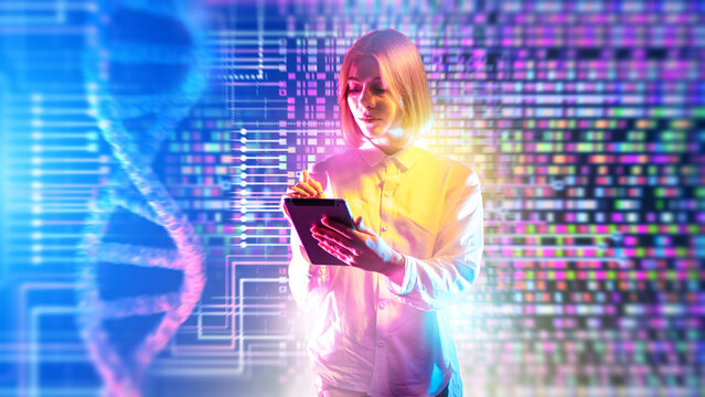 Scientist uses tablet to analyze genetic data and DNA sequencing results. Biotechnology research supports medical development, genomics and innovative healthcare solutions.