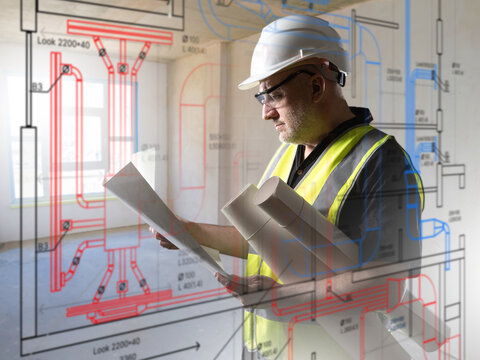Engineer reviews construction blueprints and ventilation system plans inside building site. Technical documentation analysis ensures accurate installation of infrastructure and project compliance.