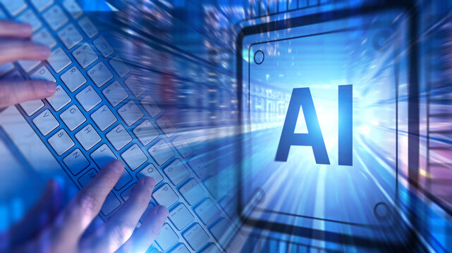 Artificial intelligence concept with hands typing on keyboard and digital AI symbol. Technology development focuses on machine learning, automation and data-driven innovation.