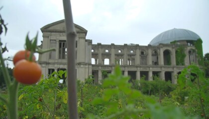 Abandoned building with tomatoes in foreground garden