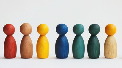Diverse Wooden Peg Dolls in a Row