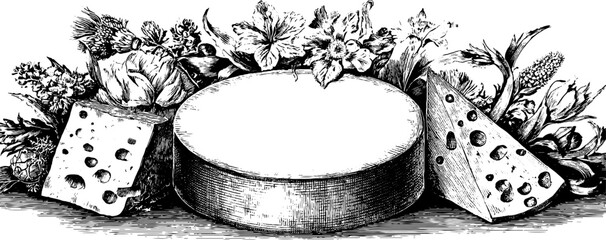Vintage cheese wheel and floral frame illustration for design and decoration