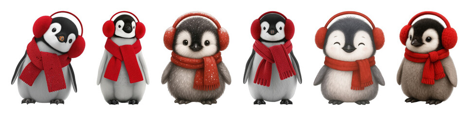 Cute penguin set including six distinct characters in various poses and expressions, all wearing red winter accessories, isolated. Christmas and winter holiday collection.