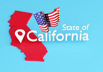 Red 3D map of California with location marker and waving US flag, representing American state identity, geography, travel, and political symbol of the United States.