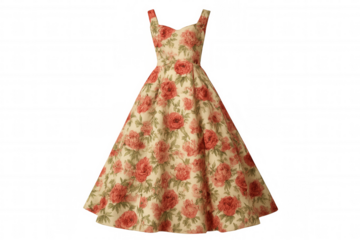 Sleeveless vintage dress with red roses pattern, isolated on transparent background, perfect for fashion or history projects