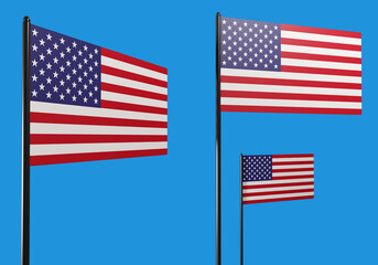 Three American flags on poles waving against blue sky, symbolizing patriotism, national pride, democracy, and the United States identity in culture, politics, and history.