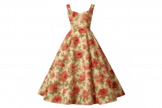 Sleeveless vintage dress with red roses pattern, isolated on transparent background, perfect for fashion or history projects