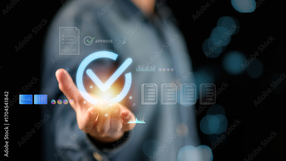 Poster digital transformation concept representing approval, trust, secure authentication with futuristic t