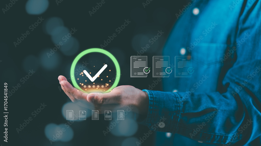 Poster digital approval and verification concept with glowing check mark, symbolizing trust, authentication