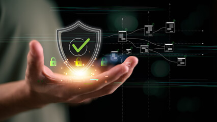 Cybersecurity and data protection concept showcasing document access control, digital trust, and secure file authorization in a futuristic tech interface. Ideal for modern IT infrastructure visuals.