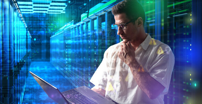 Data center operations and cybersecurity management representing digital infrastructure monitoring, secure network administration, cloud computing, and protection of critical information 