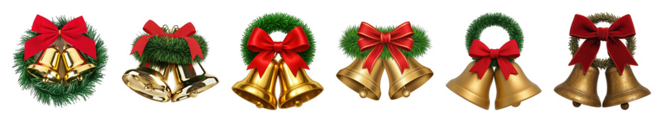 Christmas bells set including shiny, matte, and antique gold bells with green wreaths and red bows isolated. Holiday decoration collection.
