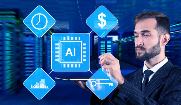 Businessman using tablet with AI icons representing data, analytics, finance and technology in modern server room. Artificial Intelligence, Technology, Business, Data.