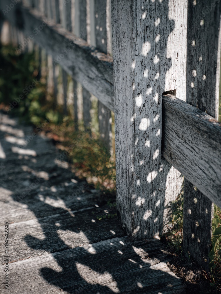 Poster sunlight casting patterns on a weathered wooden fence in a tranquil outdoor setting filled with gree