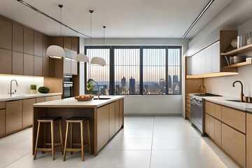 Contemporary kitchen interior featuring natural wood cabinets and a stunning city view, bathed in