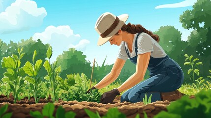 Woman Farmer Tending to Lush Green Garden Plants