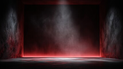 Dark stage scene red background empty studio neon lights and spotlights concrete floor with smoke interior texture for product display