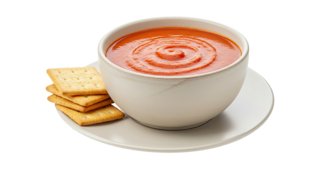 Tomato Soup with Golden Crackers in White Bowl on Plate