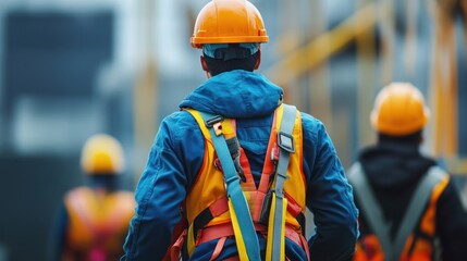 Construction worker wearing safety harness and hard hat