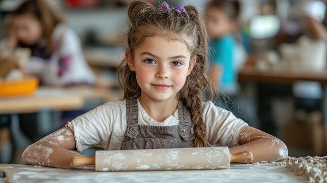 Young girl with rolling pin covered in flour, baking class