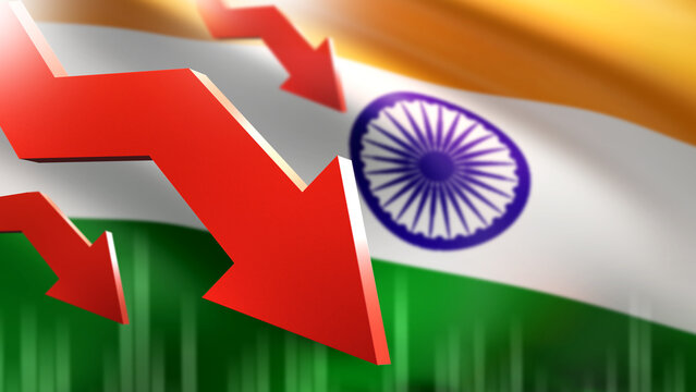 Flag India. Arrows pointing down metaphor of crisis. Fall of Indian economy. Slowdown of India growth. Falling chart to show problems in economy. Crisis forecast for India concept. 3d image