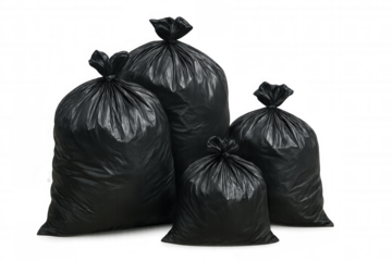 Four black garbage bags filled with trash, tied securely and isolated on a transparent background, highlighting waste disposal challenges