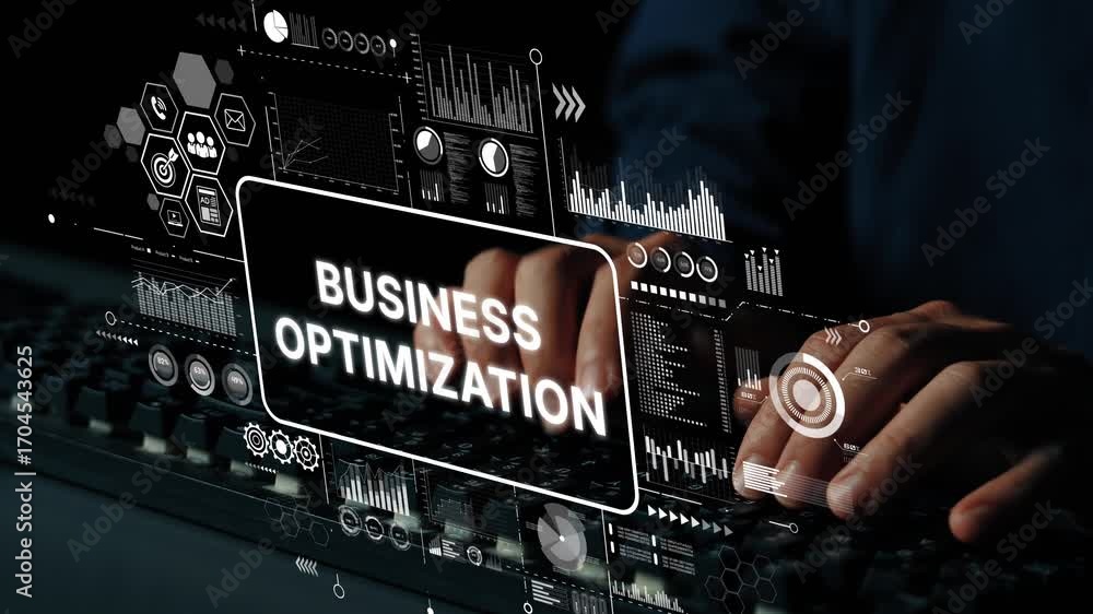 Poster modern business optimization concept with digital interface and data visualizations for enhanced per