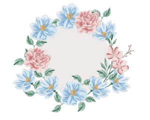 Pink Rose and Blue Blossom Watercolor Flower Wreath