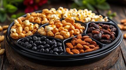 Assorted nuts and snacks in a circular plastic tray
