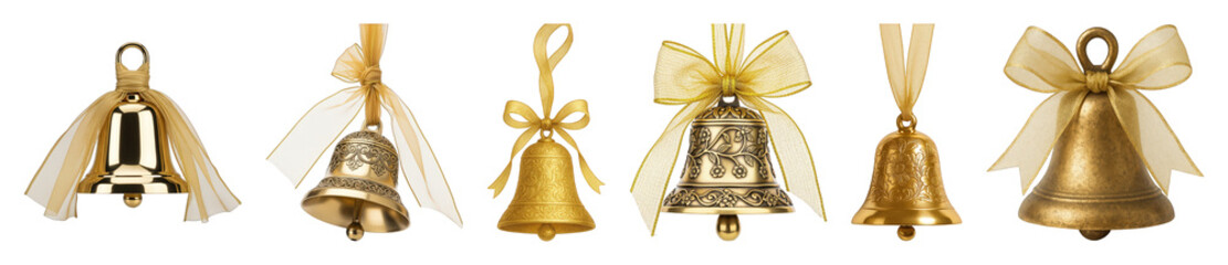 Golden decorative bell set including glossy, antique, and ornate designs tied with ribbons isolated. Holiday and celebration decor elements.