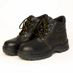 Black Industrial Work Boots with Yellow Laces &ndash; Heavy-Duty Safety Footwear Isolated on White