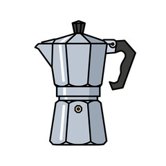 A classic silver moka pot, a stovetop espresso maker, with a black handle and lid knob.