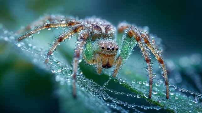 Spider on dewy leaf closeup
