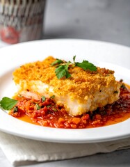 Fototapeta premium Pan-seared fish with tomato sauce