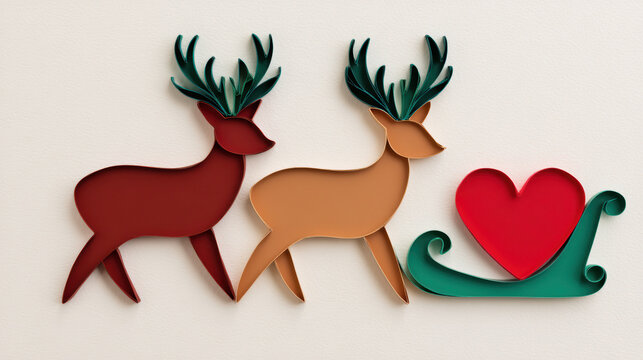 Two festive reindeer accompany a colorful sleigh adorned with a heart, creating a cheerful holiday decoration.