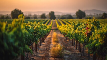 Fototapeta premium Vineyard rows at sunset