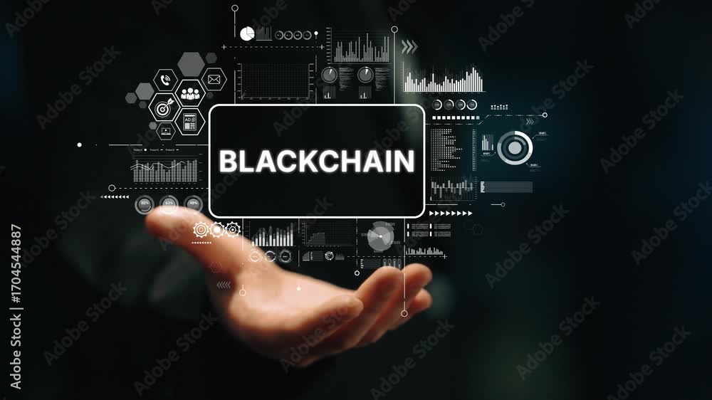 Aufkleber hand holding blockchain concept with digital graphics and technology icons representing innovation a