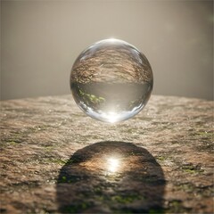 Crystal Sphere Floating Above Textured Surface Reflecting Nature.