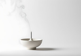 Minimalist Incense Stick Burning with Rising Smoke in White Bowl.