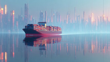 Obraz premium Container ship sailing under futuristic city skyline, 3D illustration.