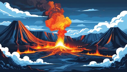 A volcanic eruption spews a massive plume of orange and yellow fire and smoke into a blue sky with clouds