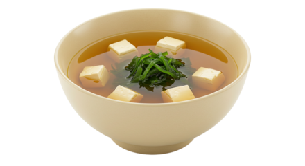 Traditional Soup with Green Seaweed and Tofu Cubes in Beige Bowl