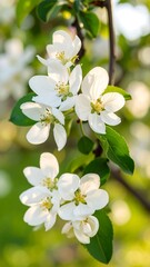 Obraz premium Close-up of clusters of delicate white blossoms on an apple tree branch