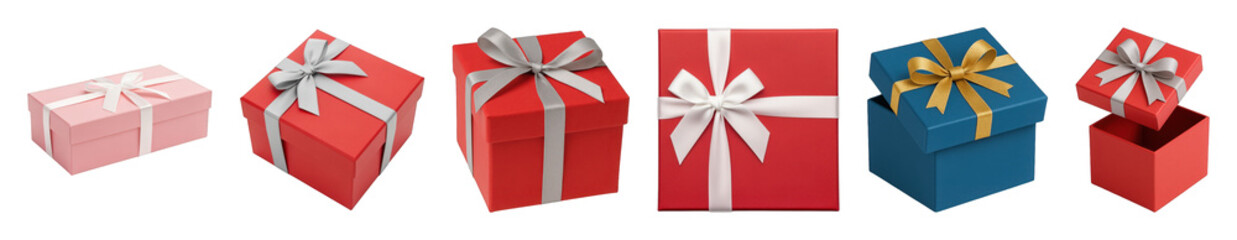 Gift boxes set including pink, red, and blue presents, some open, some closed, isolated. Celebration and holiday collection.