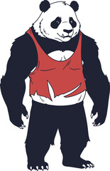 A visually striking pixel art illustration of a powerful panda wearing a red tank top and brown shorts.