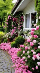 Fototapeta premium Idyllic cottage garden with profuse blooming pink roses and green foliage provides beautiful facade