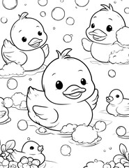 Baby duck having fun in the bathtub with bubble coloring page